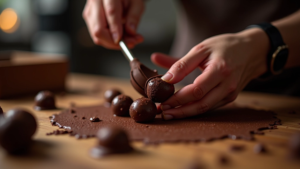 Artisan giroflow chocolate maker preparing hand-crafted dark chocolate pralines in professional kitchen