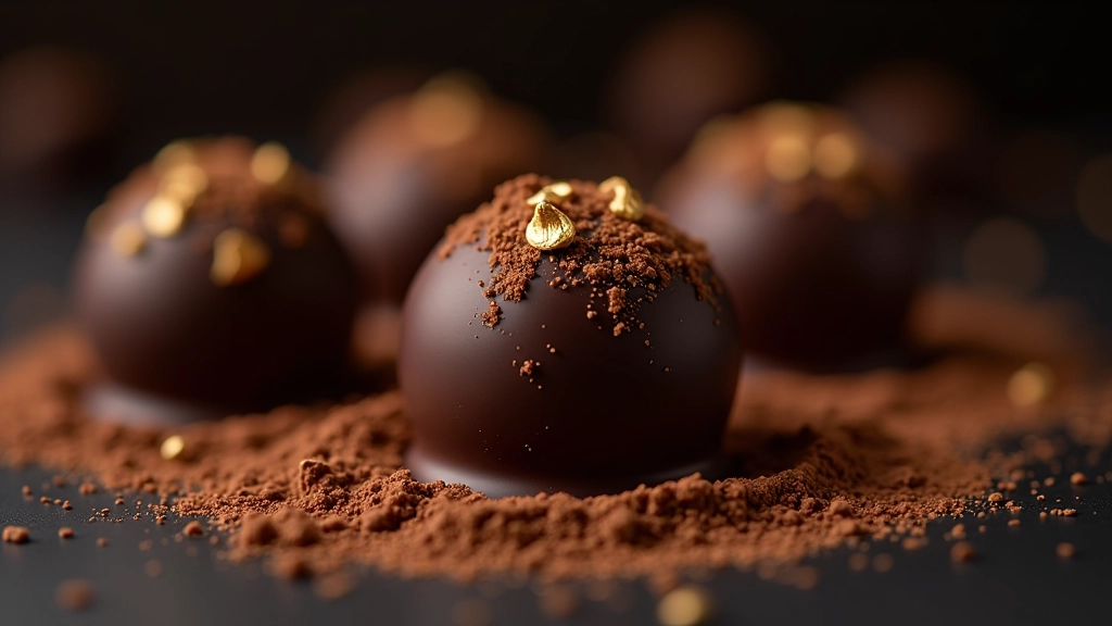 Close-up detail of artisan chocolate truffle with cocoa powder dusting and gold leaf accent on dark surface