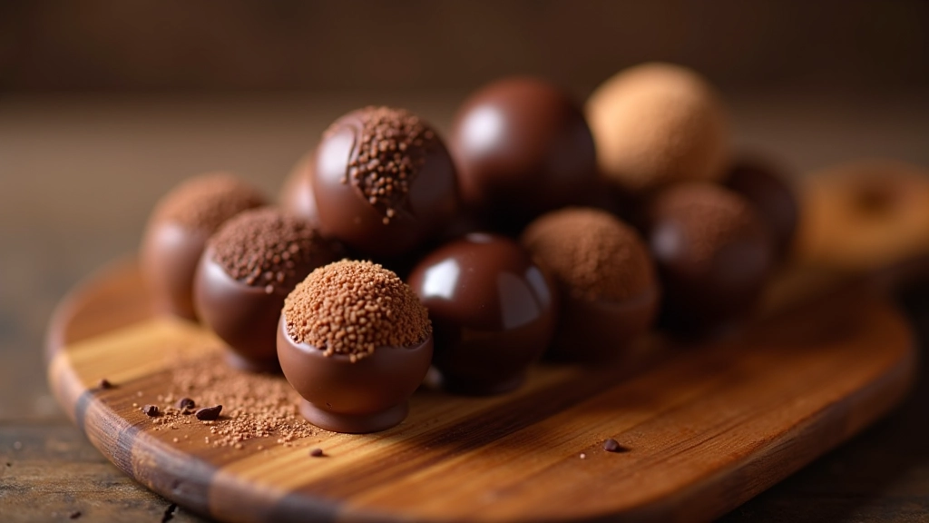 Artisan chocolate truffles arranged by cocoa percentage darkness from light to dark showing color gradation