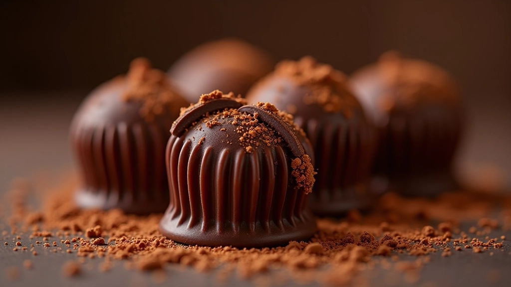 Close-up of premium dark chocolate truffle with glossy cocoa powder coating, showing perfect texture and finish