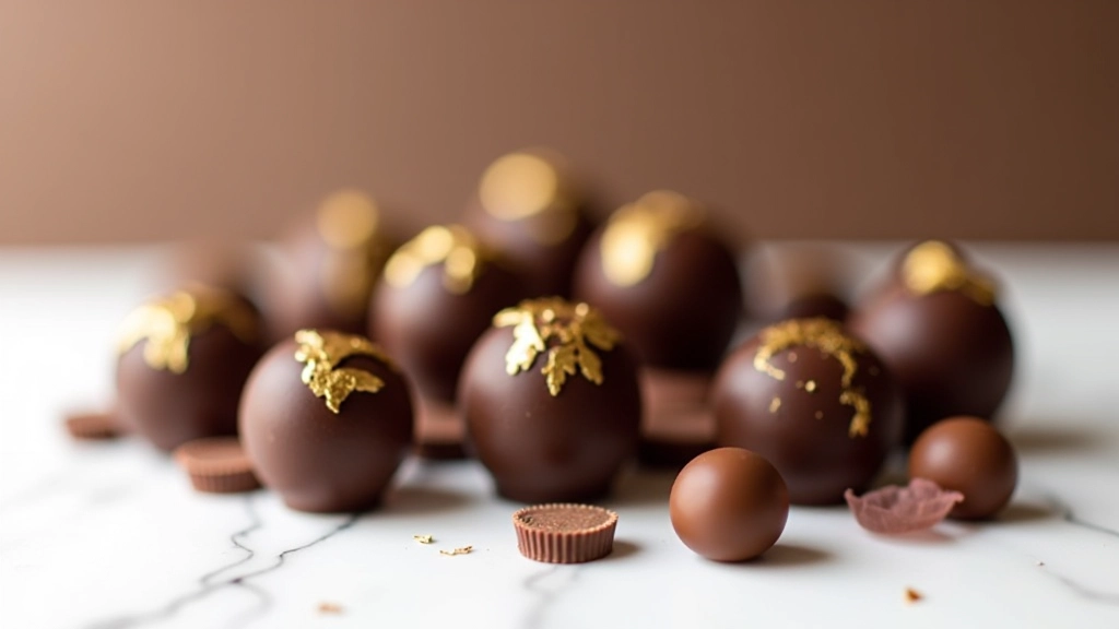 Assortment of premium chocolate truffles in elegant presentation, showing variety of dark chocolate flavors and ganache centers with gold leaf details