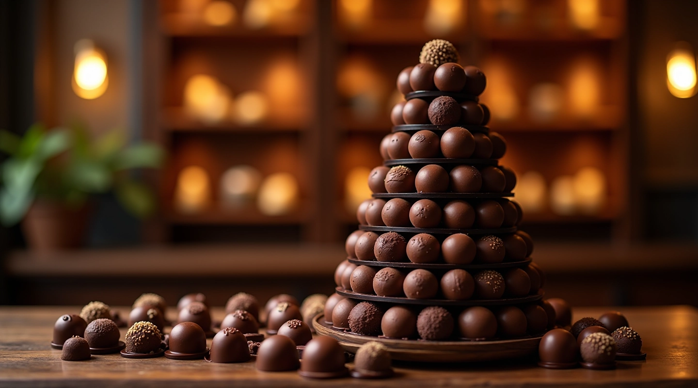 Artisan chocolate truffle tower set with premium dark chocolate truffles and pralines