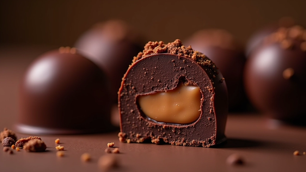 Cross-section of chocolate truffle showing creamy ganache filling interior with smooth chocolate coating exterior