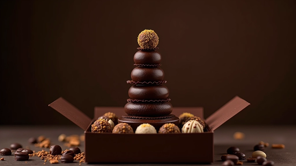 Opened chocolate truffle tower box showing layered dark chocolate pralines with various fillings and decorative toppings