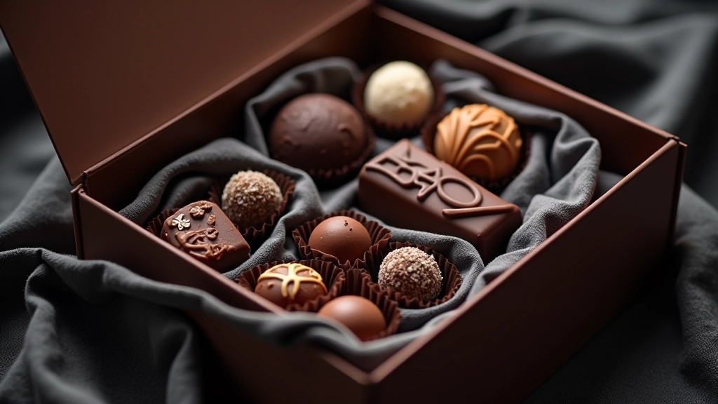 Interior of temperature-controlled chocolate storage box with silica gel packets and premium truffles arranged on dark velvet
