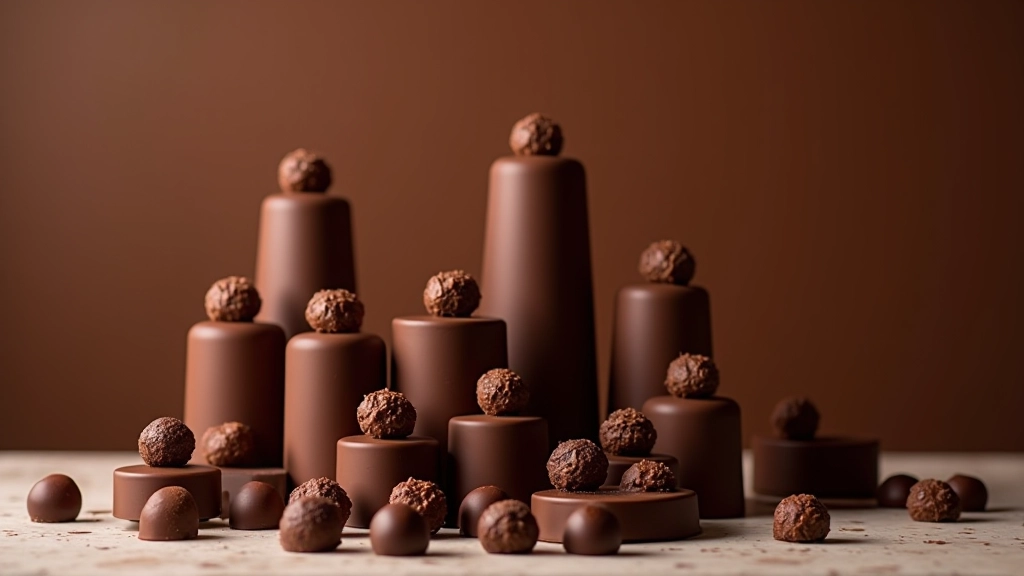 Multiple chocolate truffle towers stacked and arranged showing different heights, widths and presentation styles for comparison