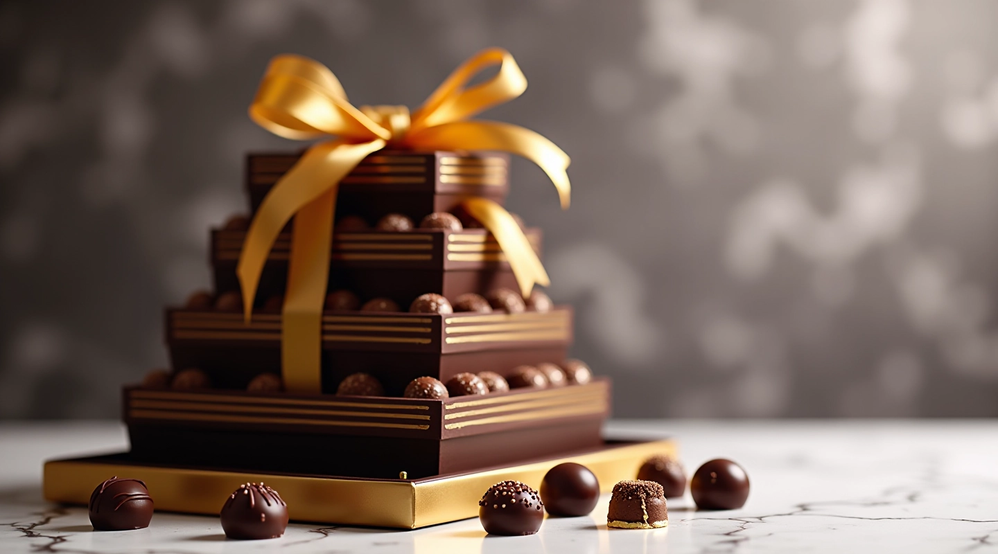 Luxury chocolate truffle tower with assorted dark chocolate pralines in elegant gift packaging