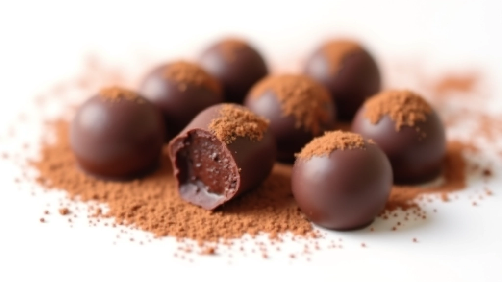 Close-up of individual premium dark chocolate truffles with various ganache fillings, showing texture and craftsmanship of artisan chocolates