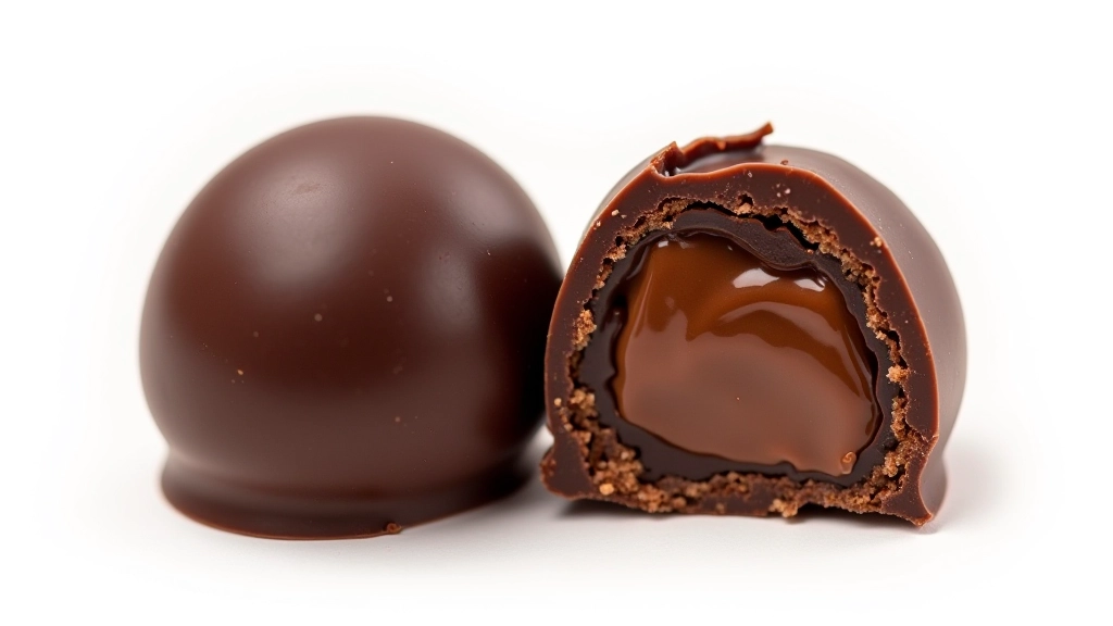Professional chocolate tasting setup with broken truffle showing interior cross-section and filling texture detail